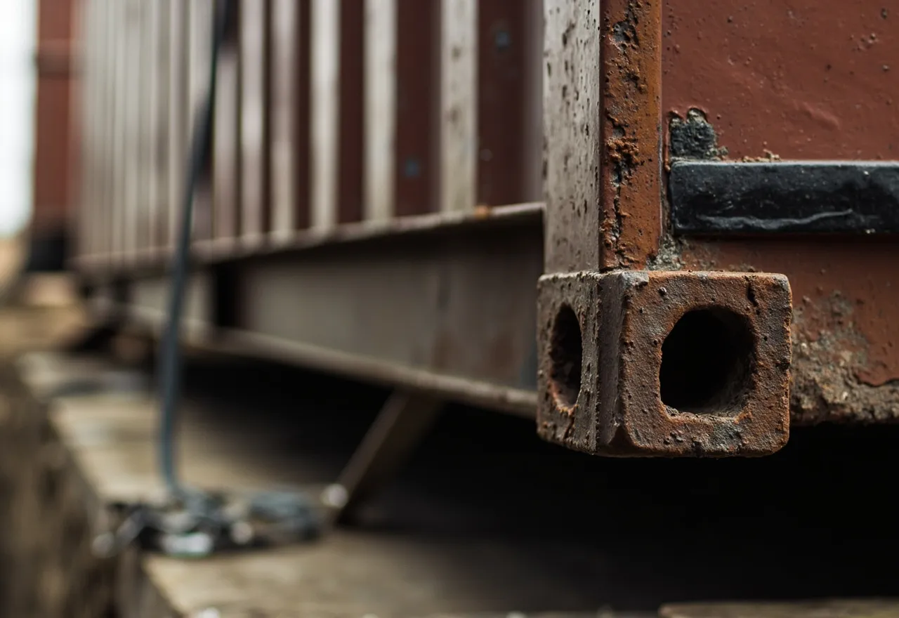 Esquina de un container marítimo siendo montado, con su cantonera perforada y la viga de apoyo