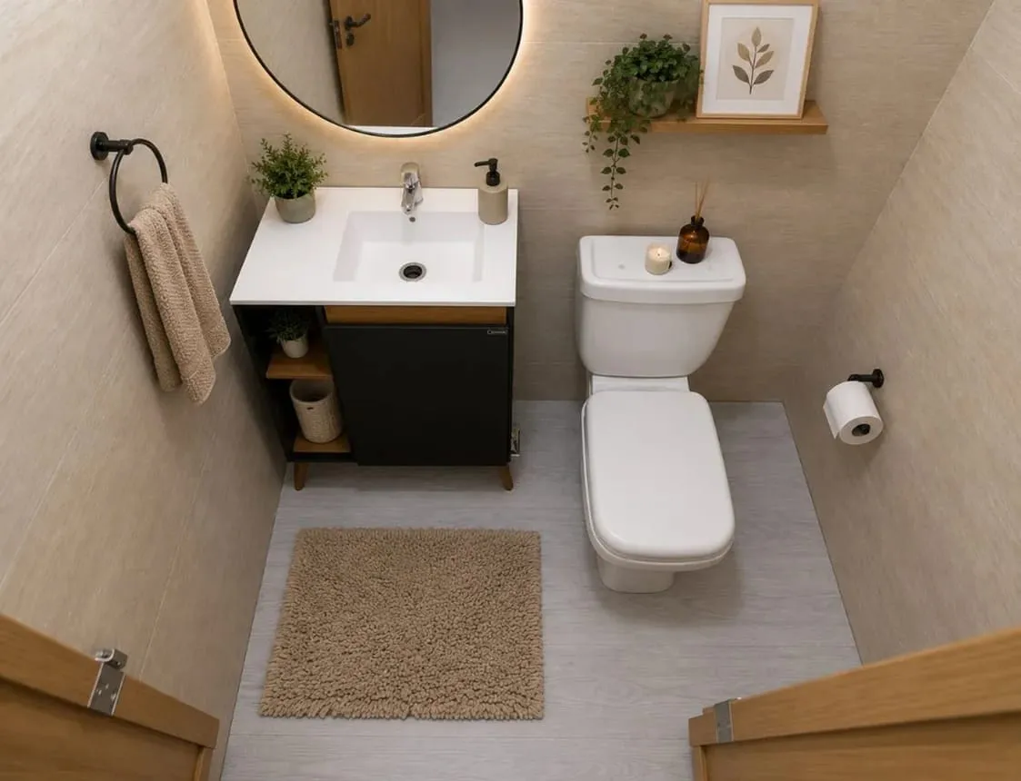 Baño con vanitory negro y espejo circular