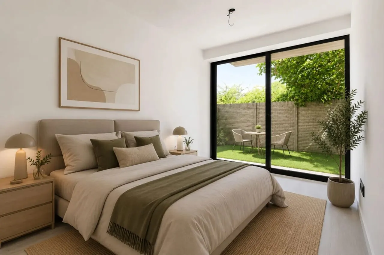 Dormitorio principal con ventanal corredizo al jardín