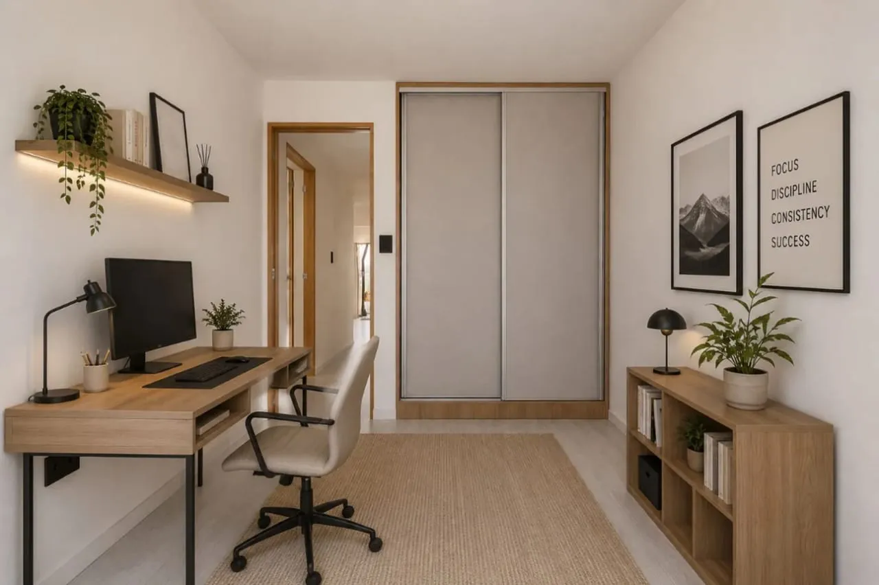 Dormitorio con escritorio y placard