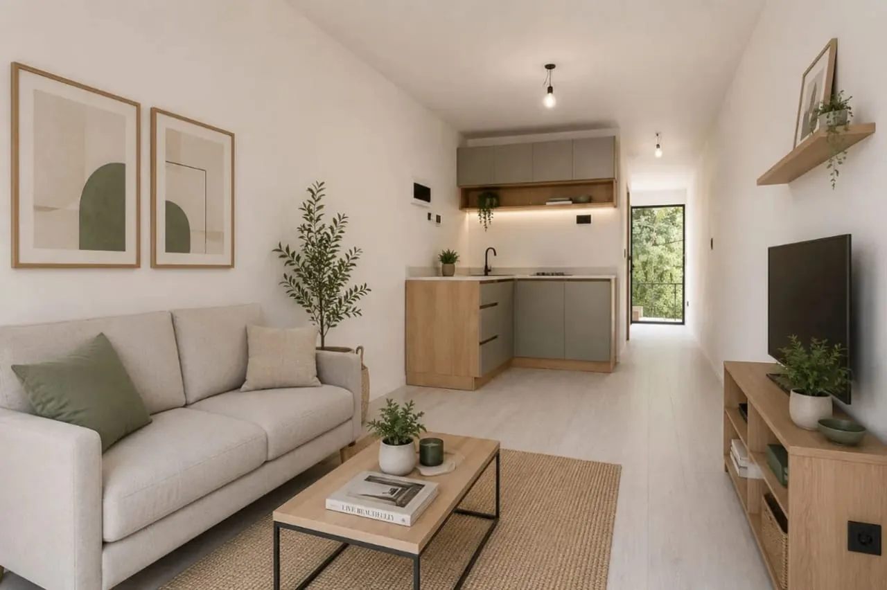 Living comedor integrado con la cocina, con muebles de madera clara