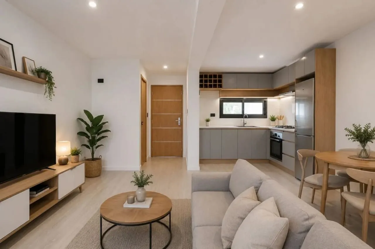 Living integrado con cocina y comedor