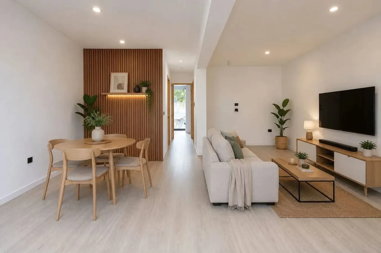 Living comedor con mesa de madera y revestimiento de listones