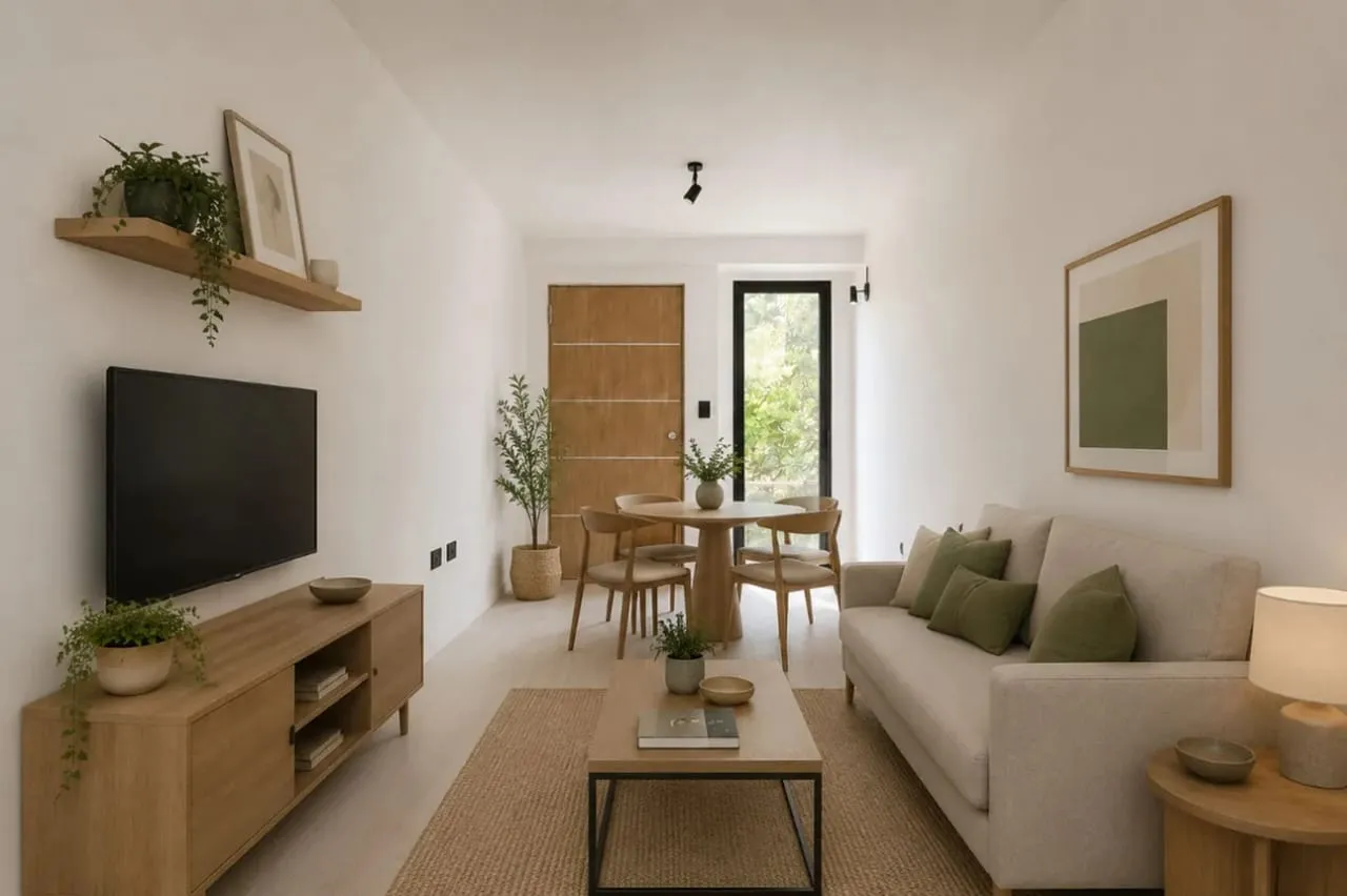 Living con mueble de TV y comedor al fondo